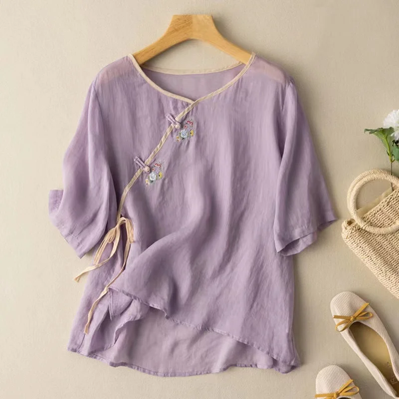 New Spring Summer Traditional Chinese Clothing Women Clothes Short Sleeve Top Loose Hanfu Tang Suit Round Neck Literary T-shirt