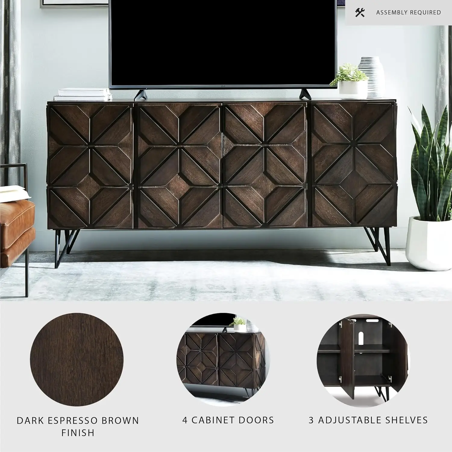 2025-hotChasinfield Urban Geometric Design TV Stand Fits TVs up to 70", 4 Cabinet Doors and 3 Adjustable Storage Shelves, Dark B