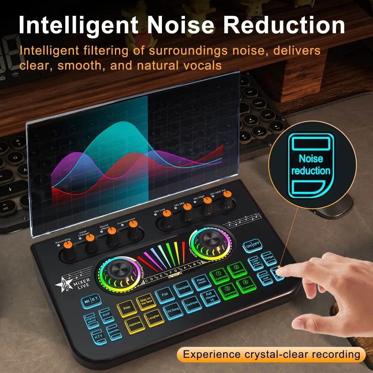 Sound Card Audio Interface Audio Mixer Gaming Audio Mixer Streaming Mixer with Audio Interface BT Sound Board Voice Changer Sound Card for PC Phone Live Streaming