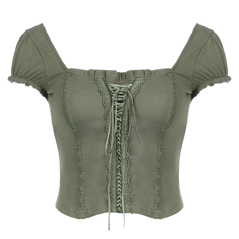 Camiseta corta verde vintage para mujer, con volantes, cuello cuadrado Y2K, estilo grunge, camiseta sexy y elegante de manga corta, ropa de calle