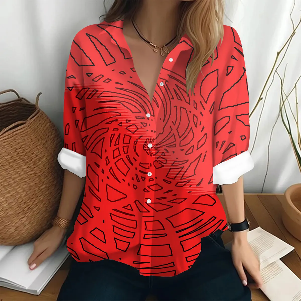 

TElegant Women shirts & blouses Shirt fashionable Watercolor and Line Print Shirt Summer Casua Loose Fitting Women TElegant Shir