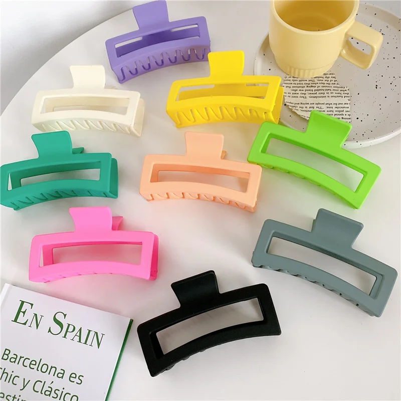 New Spring Hair Claw Clip Geometric Rectangle 13cm Large Size Hair Clips Plain Color Shark Clip Ins Girls Women Accessories snail shaped hair claw acetate snail hair claw clip for women non slip metal spring hair accessory shape clip for back head