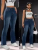Women's High-Waisted Stretch Denim Trousers Double Button Detail Comfortable Fit Straight Leg Jeans