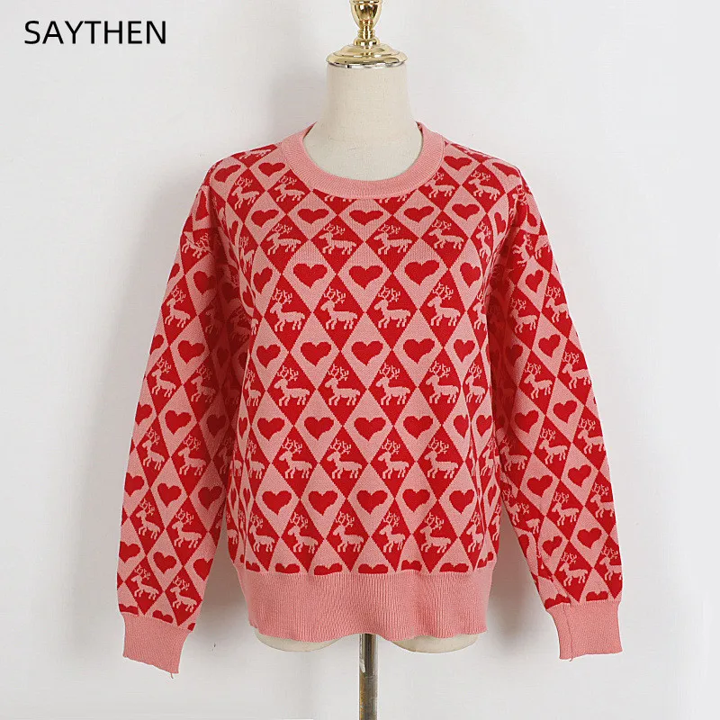 

SAYTHEN Women's Autumn Winter O-Neck Argyle Knitwear Sweet Love Pattern Pullover Korean Version Elk Jacquard Pink Color Sweater