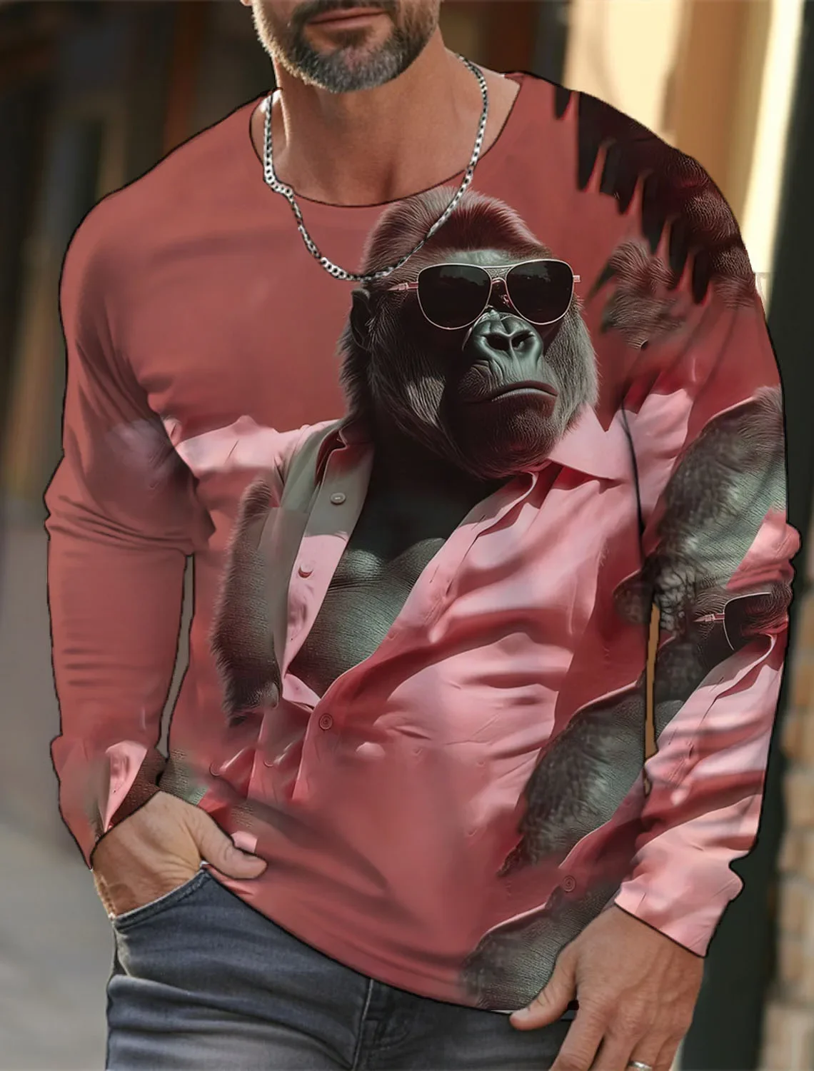 

New Interesting Animal Monkey Print Fashion Pattern Casual Large T-shirt Spring/Summer Large Men's Clothing Long Sleeved Top.