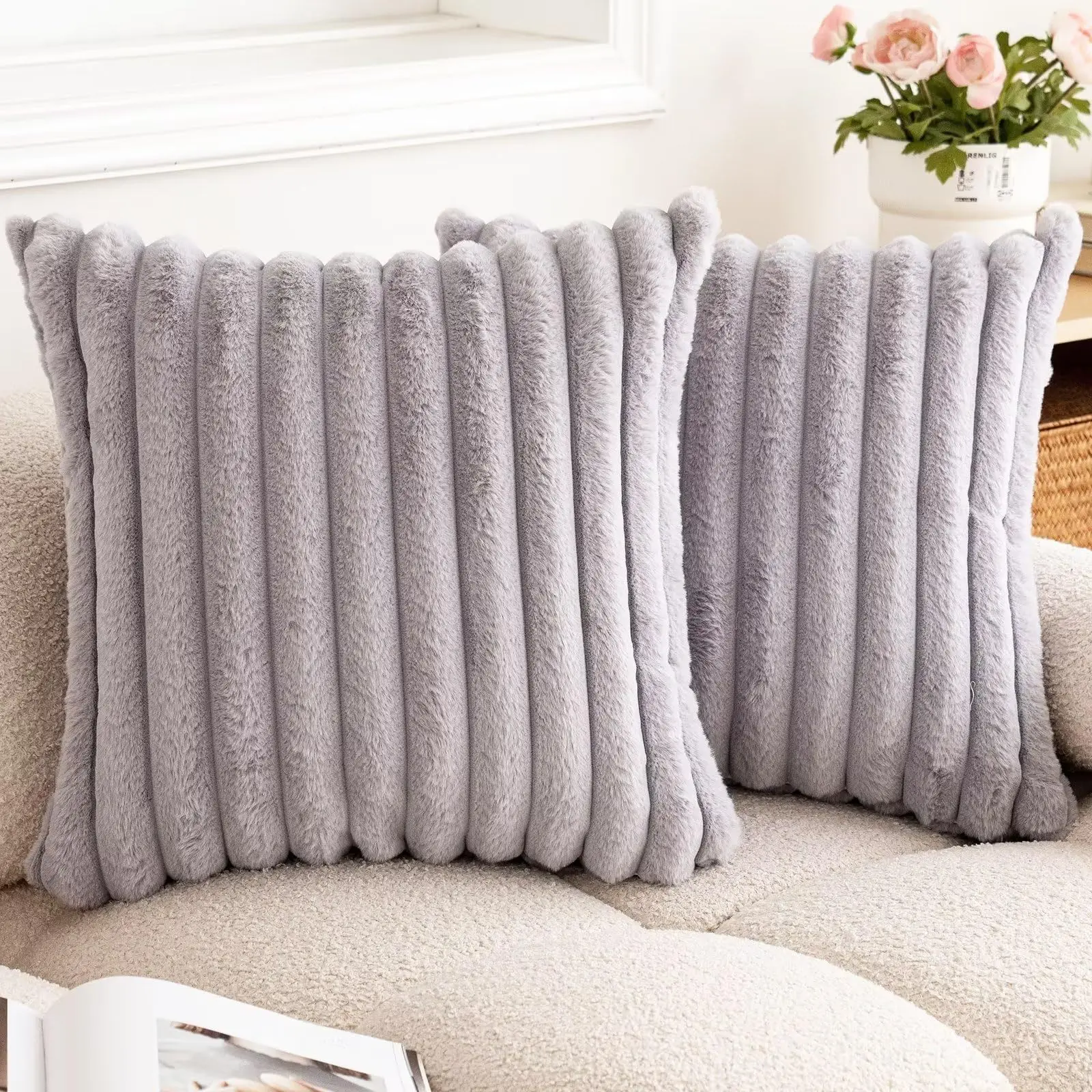 Luxurious Faux Rabbit Fur Striped Cushion Cover – Super Soft Solid Color (24×24 inch)