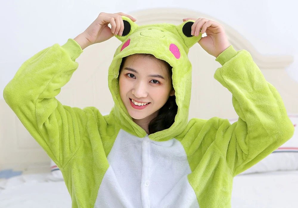 Green Frog Onesies Plush Pajamas Winter Flannel Warm Sleepwear Halloween Christmas Cosplay Costume Women Men Kids Family Costume kigurumi pajamas onesies cosplay pajamas onesies flannel pajamas onesies