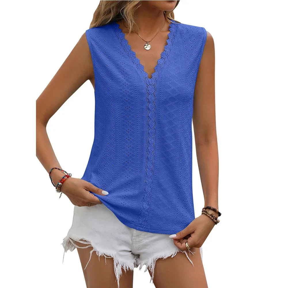 

Solid color hole lace v-neck sleeveless vest black