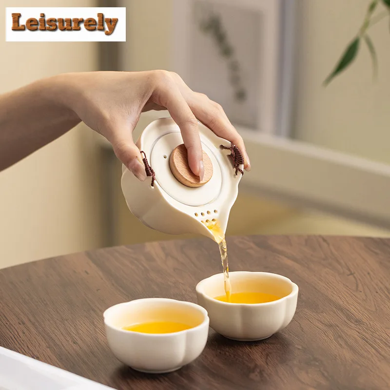 Cream Style Travel Tea Set Kit Handmade Set Of Cups 1 Pot 2 Cups Tea Making Organizer Portable Camping Handbag Accessories Craft
