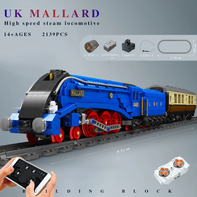 

UK Steam Trains A4 Mallard Building Blocks Model Retro Tracks Locomotive Toys Electric Remote Control Technical Bricks Kids Gift