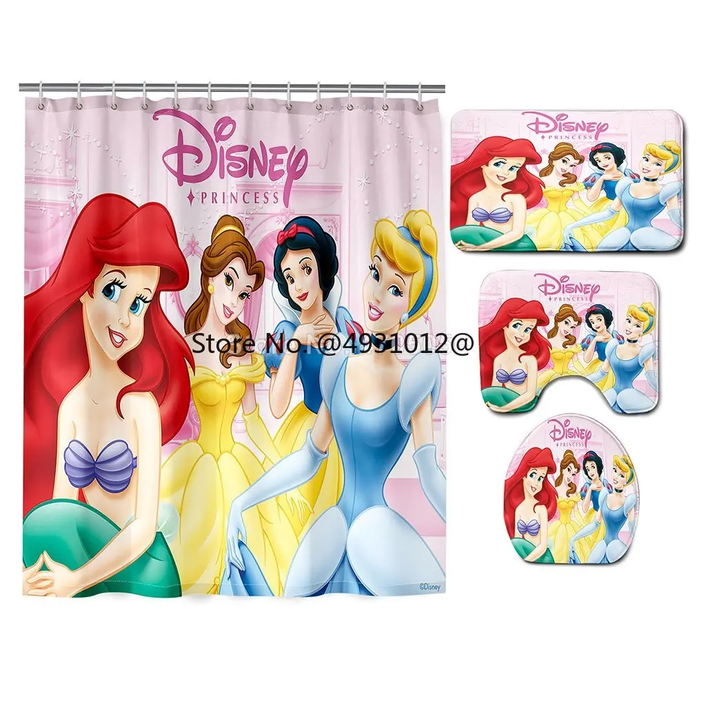 

2023 Disney Princess Print 4PCS Shower Curtain Set with Bath Mat Set Toilet Rug Anti-slip Lid Cover Luxury Home Decoration