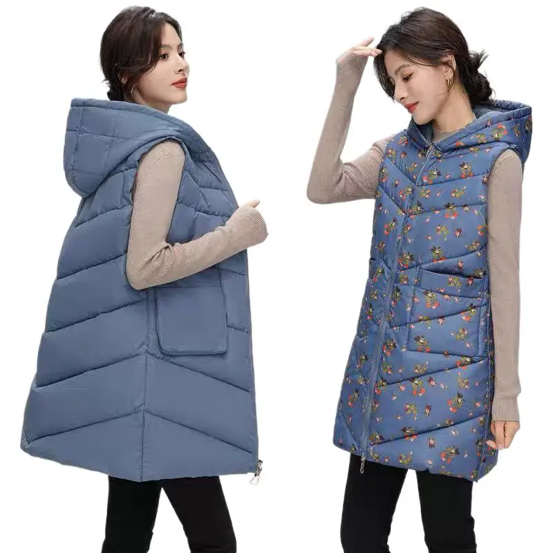 

Women Double Sided Print Solid Down Cotten Coat Winter Hood Vests Thickening Warm Female Camisole Office Lady Sleeveless Jackets