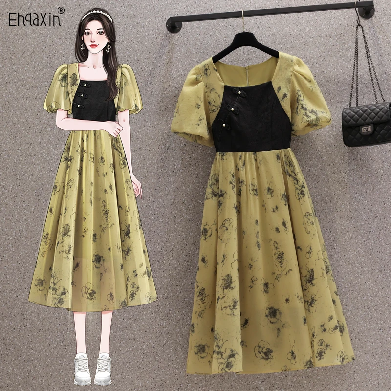 

EHQAXIN 2023 Summer New Women's Dress Fashion Retro Square Neck Print Panel Short Sleeve A-Line Dresses For Ladies M-4XL