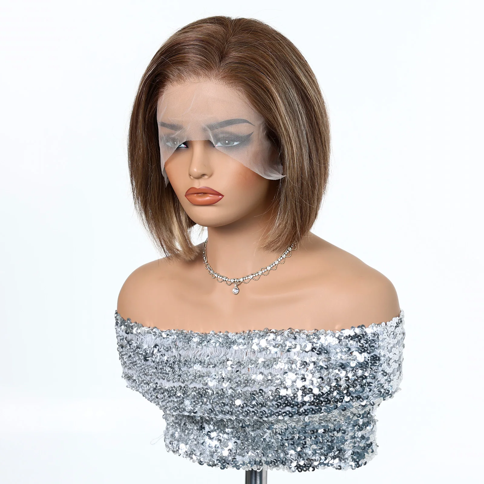 13*4 레이스 인모 가발 짧은 보브 스트레이트 가발 여성용 브라운 하이라이트 부드러운 레미 헤어 가발 일상 파티용