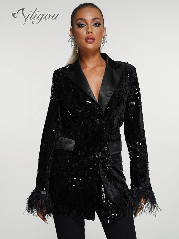 

Ailigou Black Sequin Feather Blazer Women'S 2023 Summer Jacket Jacket Fashion Elegant Women Sexy Party Club Women'S Mini Dress