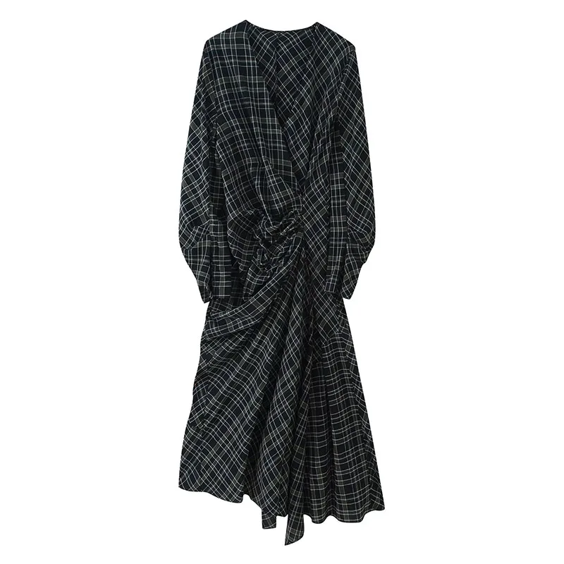 2025 New Women Fashion Plaid V neck Dress Long Dresses Ruched Chic Dresses Women Long Sleeve Casual Autumn Dress