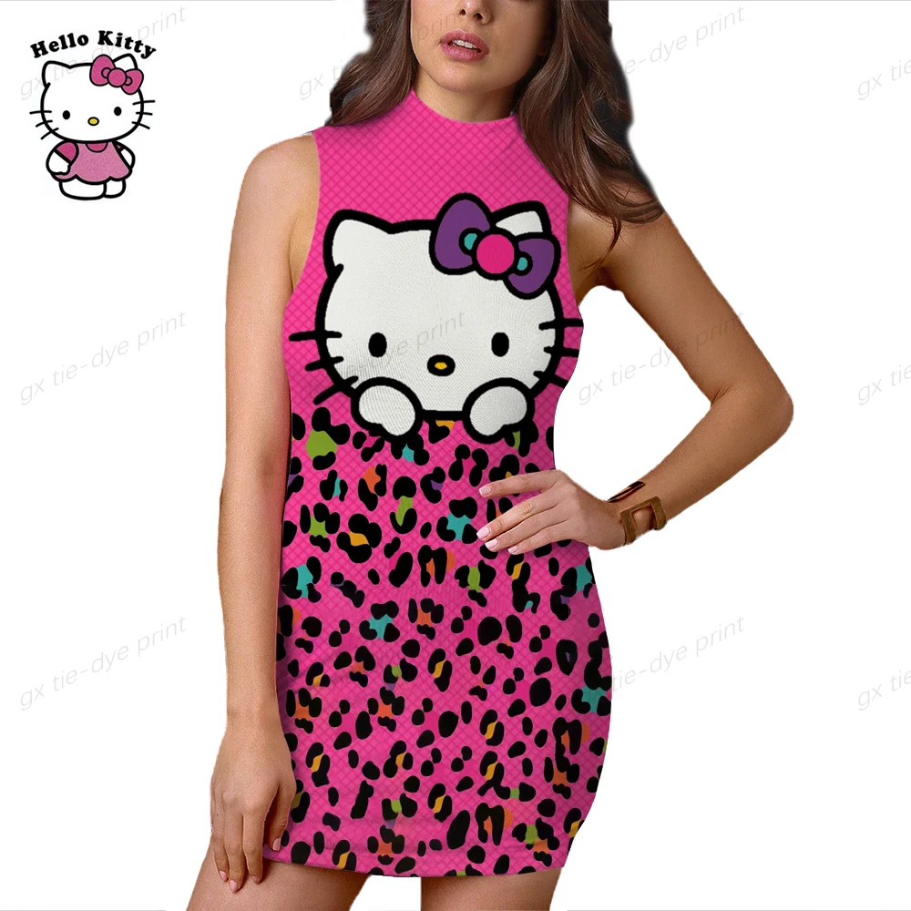

2023 Summer Women Clothing Sexy Hello Kitty Print Short Dress Ladies Casual High Street Print Cartoon Sleeveless Beach Dress