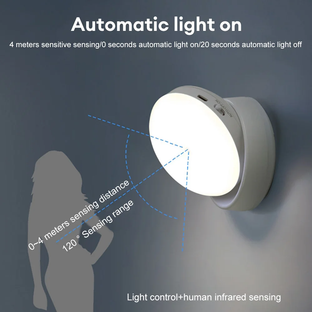 360 Rotated PIR Motion Sensor LED Night Light Wall Lamps Rechargeable Under Cabinet Light Wireless Closet Night Lamp