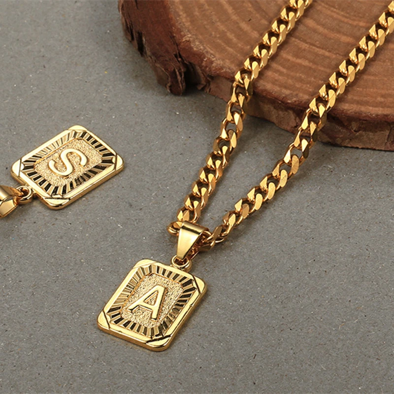 Collar con inicial con nombre para hombre y mujer, colgante 26 letras, cadena Barbada cubana de inoxidable dorado, de joyería, gran oferta|Collares colgantes| - AliExpress