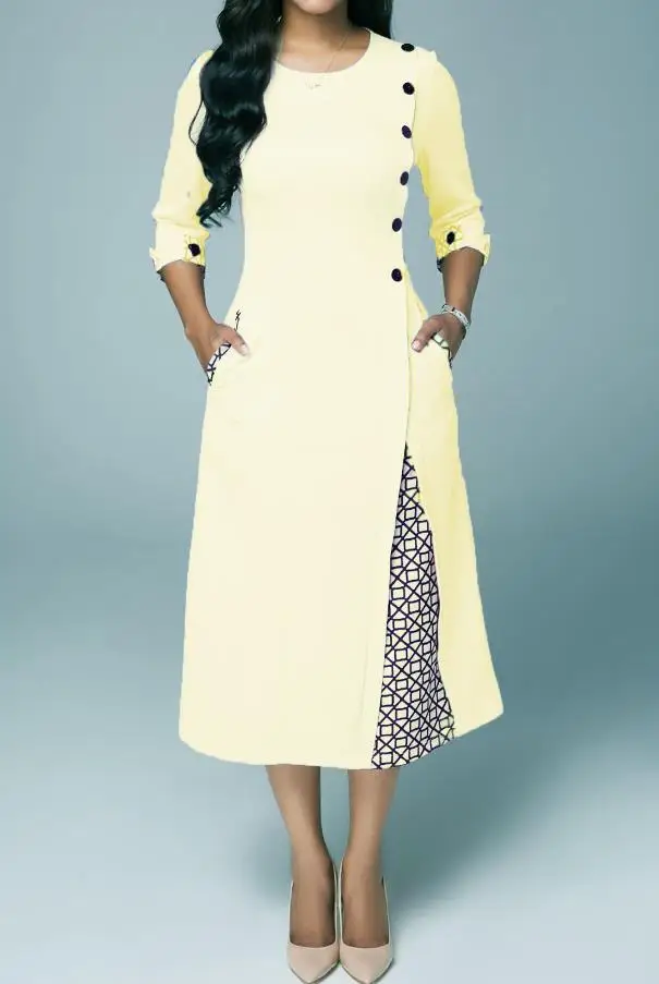 

Elegant Office Lady Dresses for Women 2023 New Fashion Round Neck Solid Slim Fit Button Decoration Hem Panel Dress Temperament