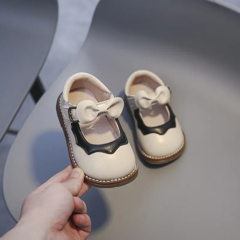 Retro Style Leather Shoes for Girls Spring Autumn Outdoor Children Kids Bowknot Princess Shoes Soft Soled Infant Toddler