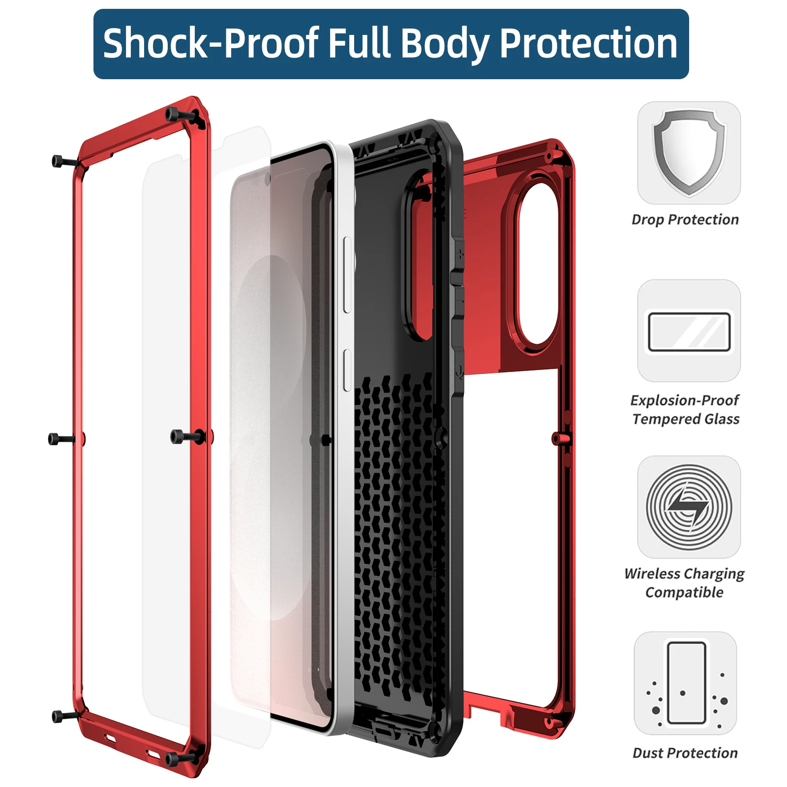Shockproof Metal Armor Case with Tempered Glass Protection