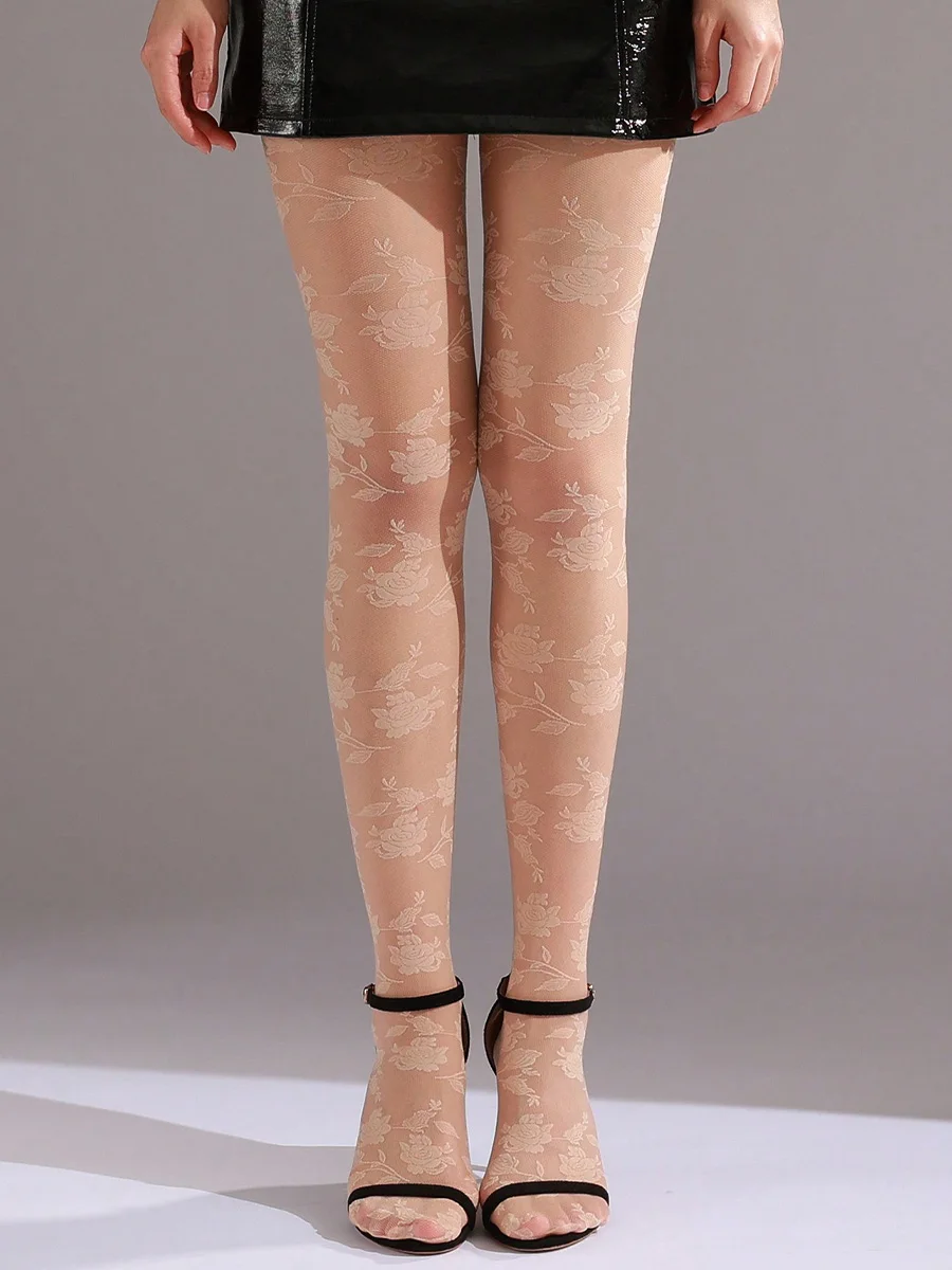 1 Pair Of Women's Rose Patterned Leggings Pantyhose Retro Elegant Jacquard Semi Transparent Pantyhose Lggings