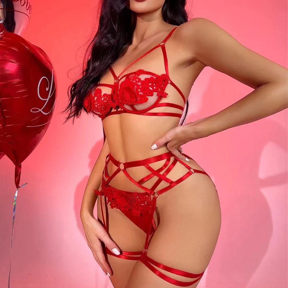 

Women Sexy Trikini Underwear Top Panties Set Hollow Lingerie Embroidery Applique Underwear Bra Panty Set With Garter Erotic