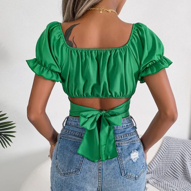 Women Casual Short Sleeve Square Collar Crop Top Summer Chiffon Blouse 2023 4