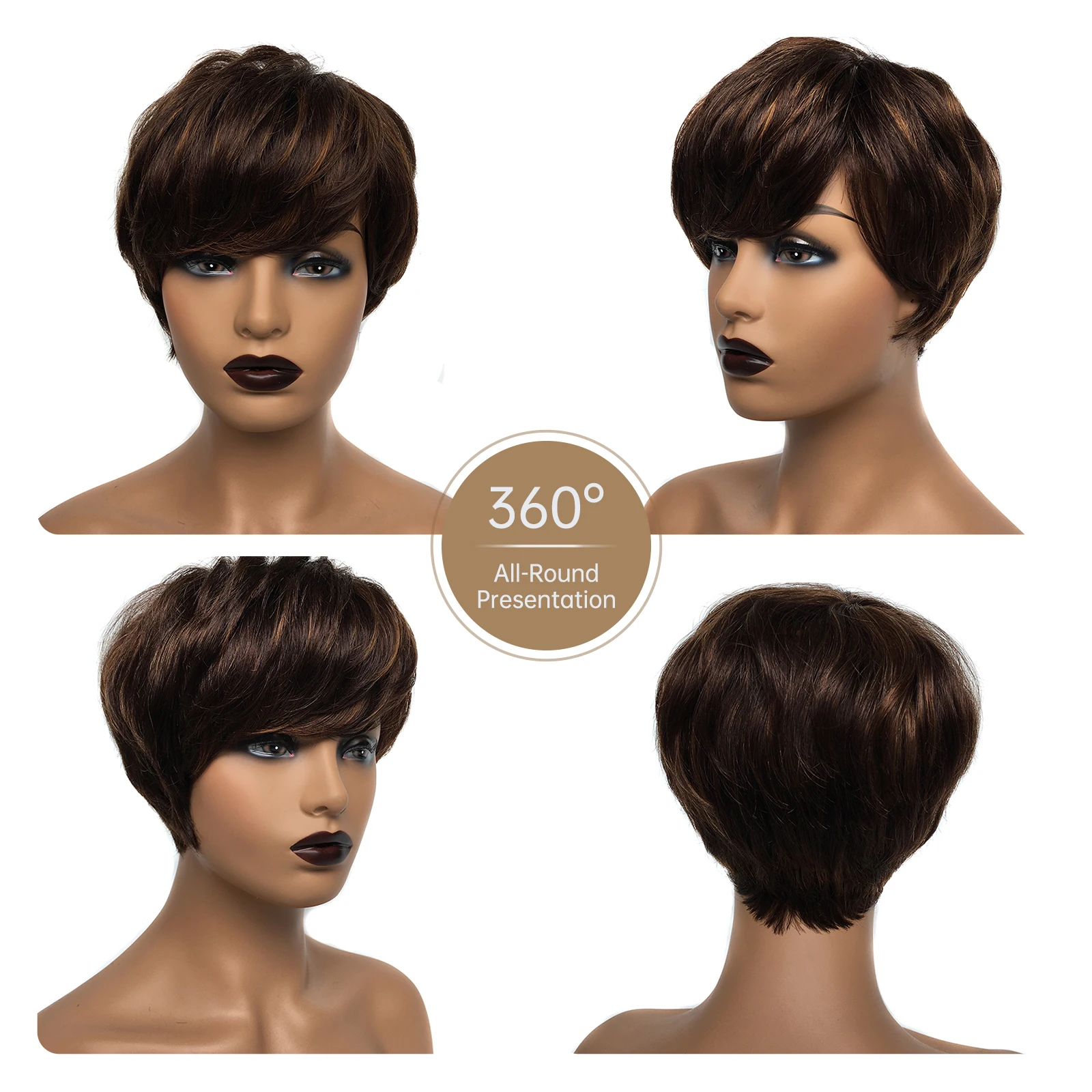 Dark Brown Remy Human Hair Wigs with Bangs Short Pixie Cut Bob Wig for Women Layered Chocolate Brown Bob Wig 6inches Daily Party