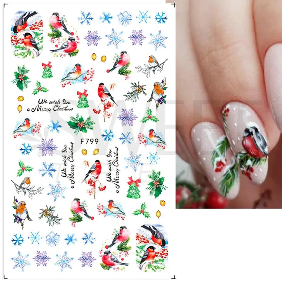 3D Christmas Sticker Nail Decal Winter Snowflake Holly Tangerines Cartoon Santa Bird New Year Nail Design Decoration BEF892 nail stickers,nail decals,nail art decoration