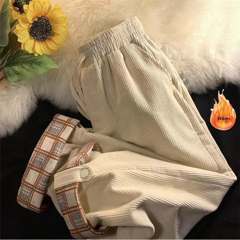 Winter Corduroy Plus Velvet Ankle-length Pantalons Women Baggy Plaid Spliced Trousers For 140kg Casual Oversized Straight Pants