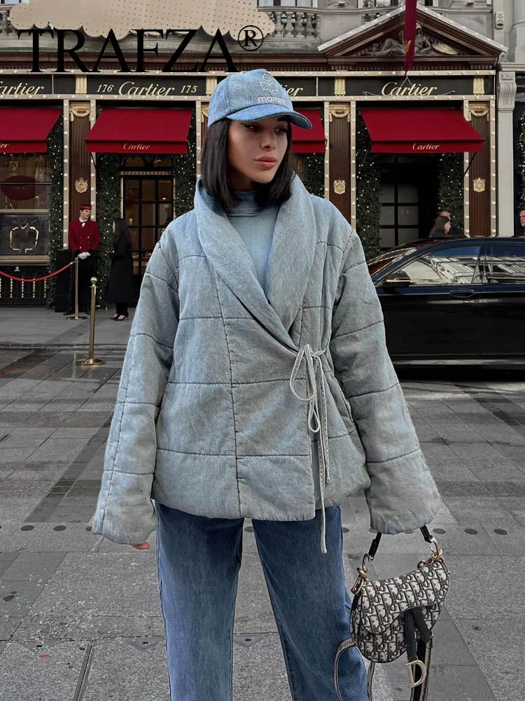 

TRAFZA 2023Women's Denim Parka Loose Warm Blue Coat Fashionable Slant Flap Lace up Cotton Puffer Jacket Female Street Outwear