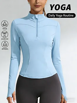 women Slim Fit Half Zip Long Sleeve Yoga Top Light Blue Stand Collar Athletic Shirt with Thumb Holes Quick Dry for Running 1