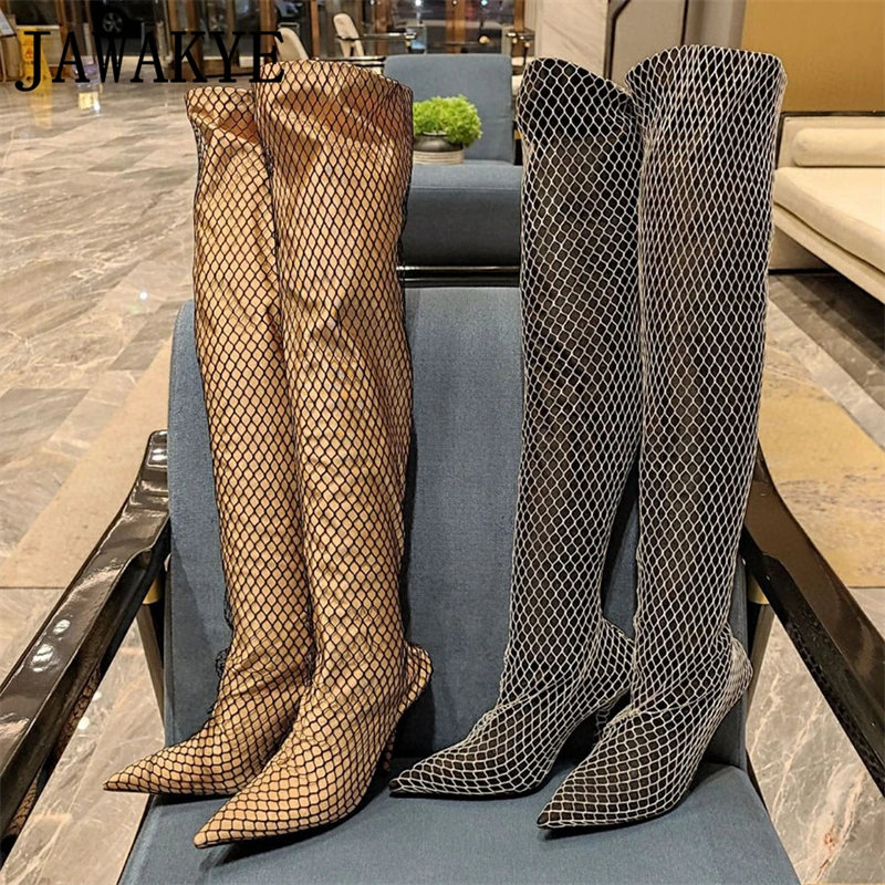 

2023 Autumn Pointed Toe Hollow Out Mesh High Heel Over The Knee Boots For Women Elastic Net Sock Boots Fashion Long Botas Mujer