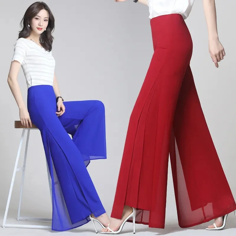 2025 New Summer White Drape Chiffon Wide-Leg Pants Casual Chiffon Trousers Pants Women Clothing Loose High Waist Slim Skirt