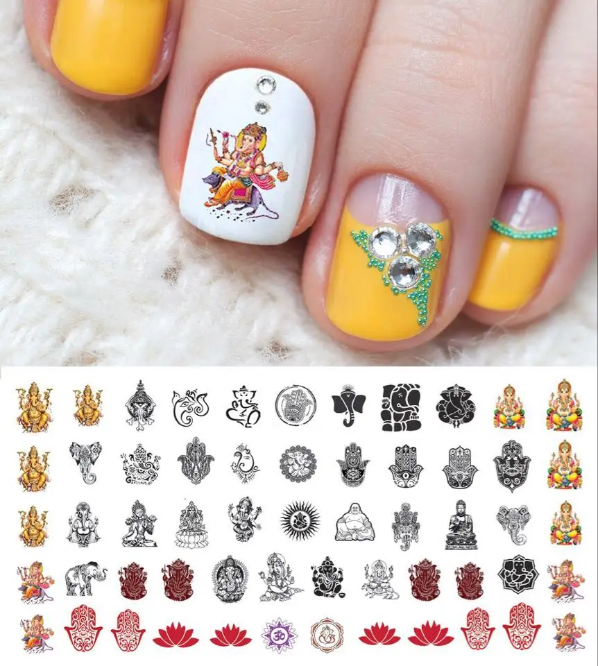 1 sheet Mandala Indian Elephant Nail Water Decals Buddha's Hand Nail Sticker Nail Art Sticker Tattoo Decals 3
