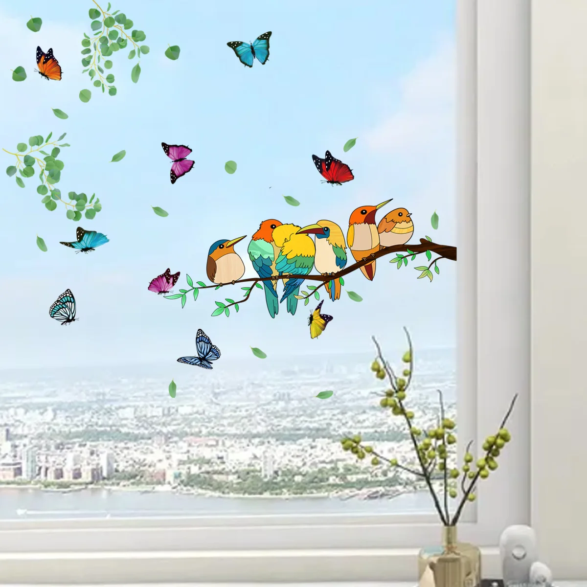 

Tree Branch Bird Butterfly Wall Sticker, Electrostatic Sticker, Glass Sticker, Window, Double-Sided, Visual, Decorative