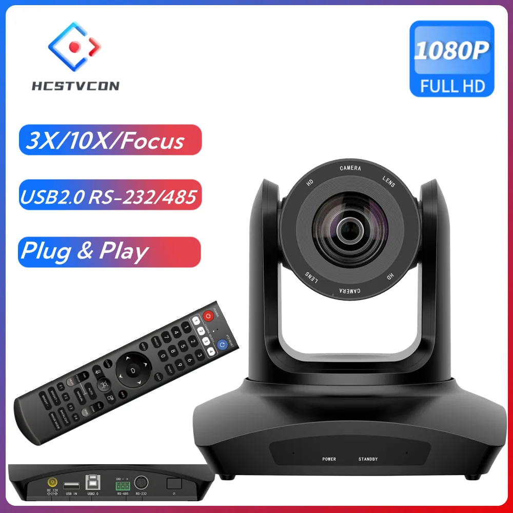 Video Conference PTZ Camera 1080P 60fps 3X/10X Optical Zoom Lens USB for Broadcast Events Church Live Streaming Online Educate
