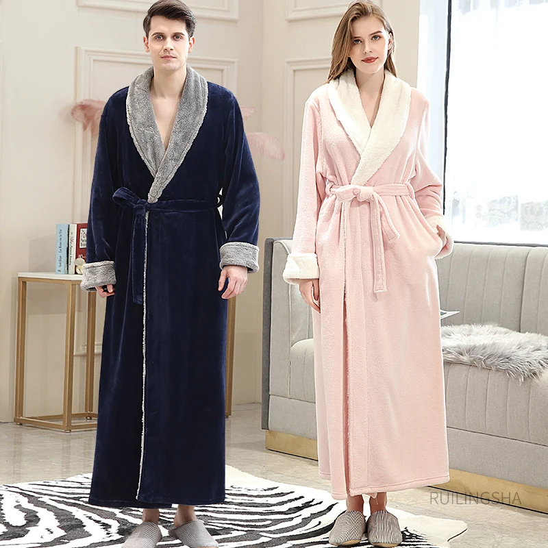 

Men Extra Long Warm Flannel Bathrobe Plus Size Winter Coral Fleece Bath Robe Lovers Spa Dressing Gown Hotel Women Cozy Sleepwear