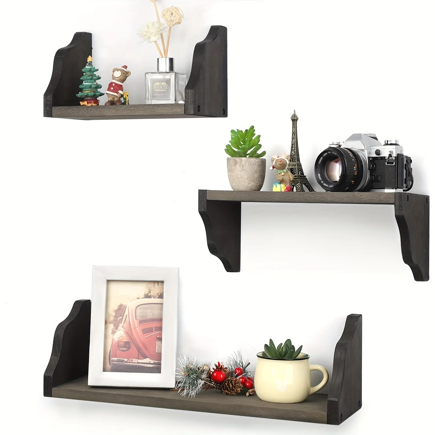 3Pcs Black Floating Shelves Rustic Wood Shelves Wall Mounted Shelf For Bathroom Decor Bedroom Living Room Kitchen Bathroom