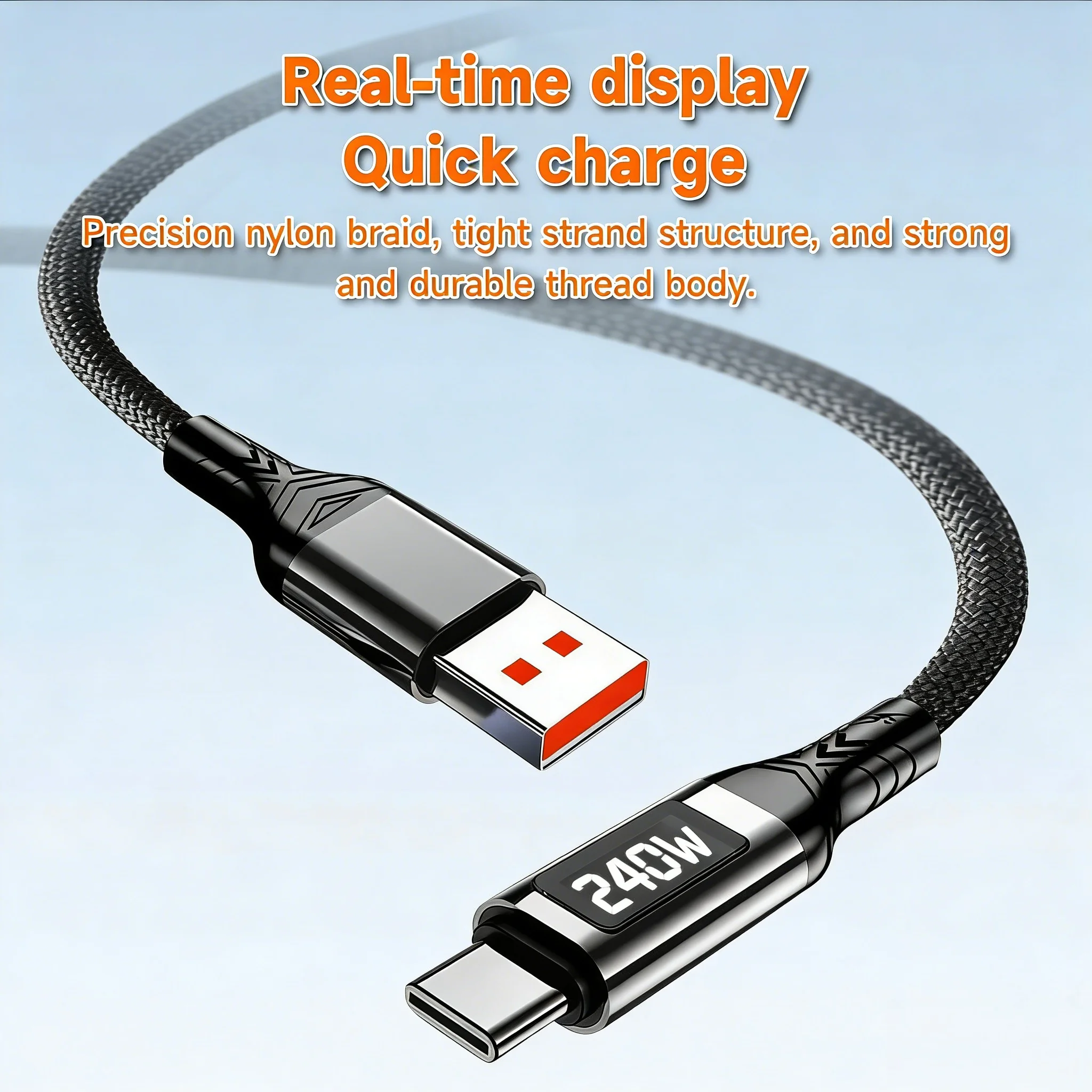 USB Type-C Cable 240W LED Display Fast Charge Nylon Braided Cord