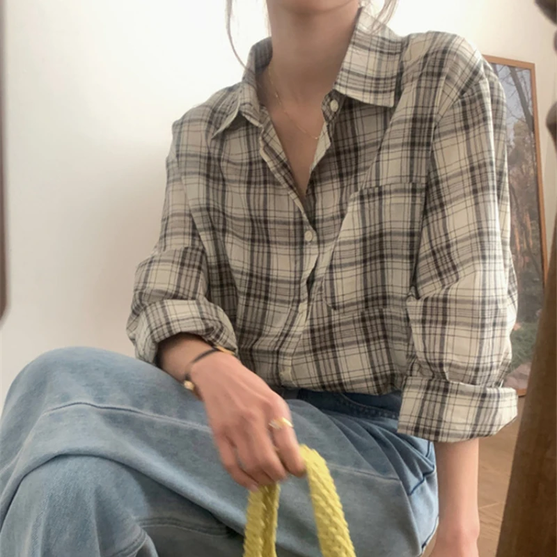 

Винтажная рубашка с карманами, корейские модные женские осенне-зимние блузки, рубашки, повседневные топы с длинным рукавом