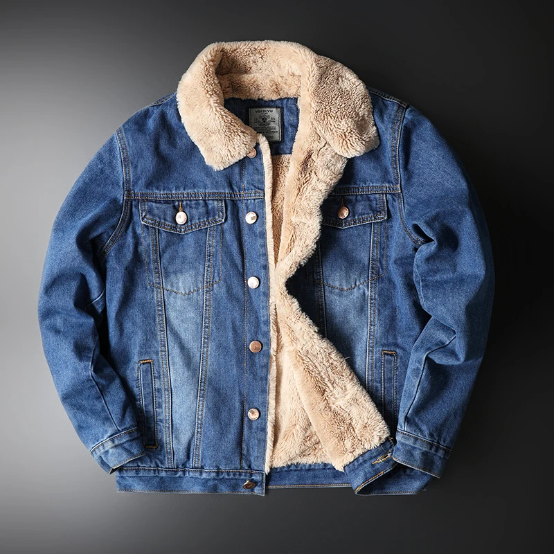 warm velvet fur collar denim jacket 