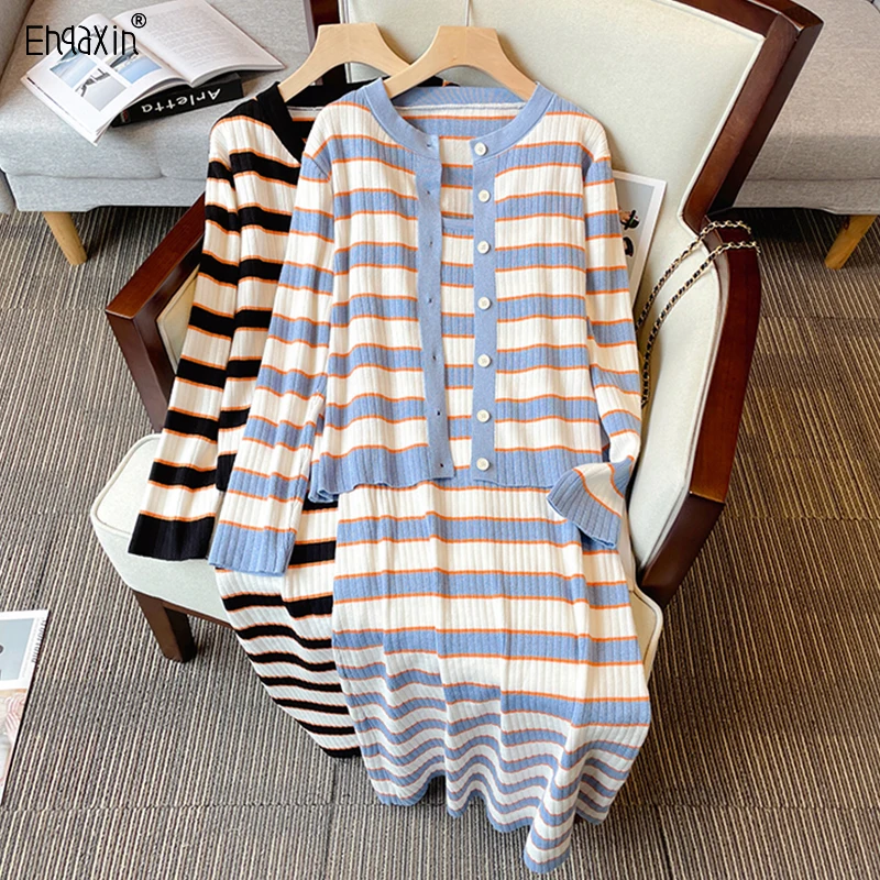 EHQAXIN 2023 Autumn Winter Women's Knitted Dress Set Fashion Stripe Knit Cardigan Tops+Loose Knitted Sling Dresses Sets M-4XL luckymarche stripe trimmed knit cardigan qwwax23101nyx