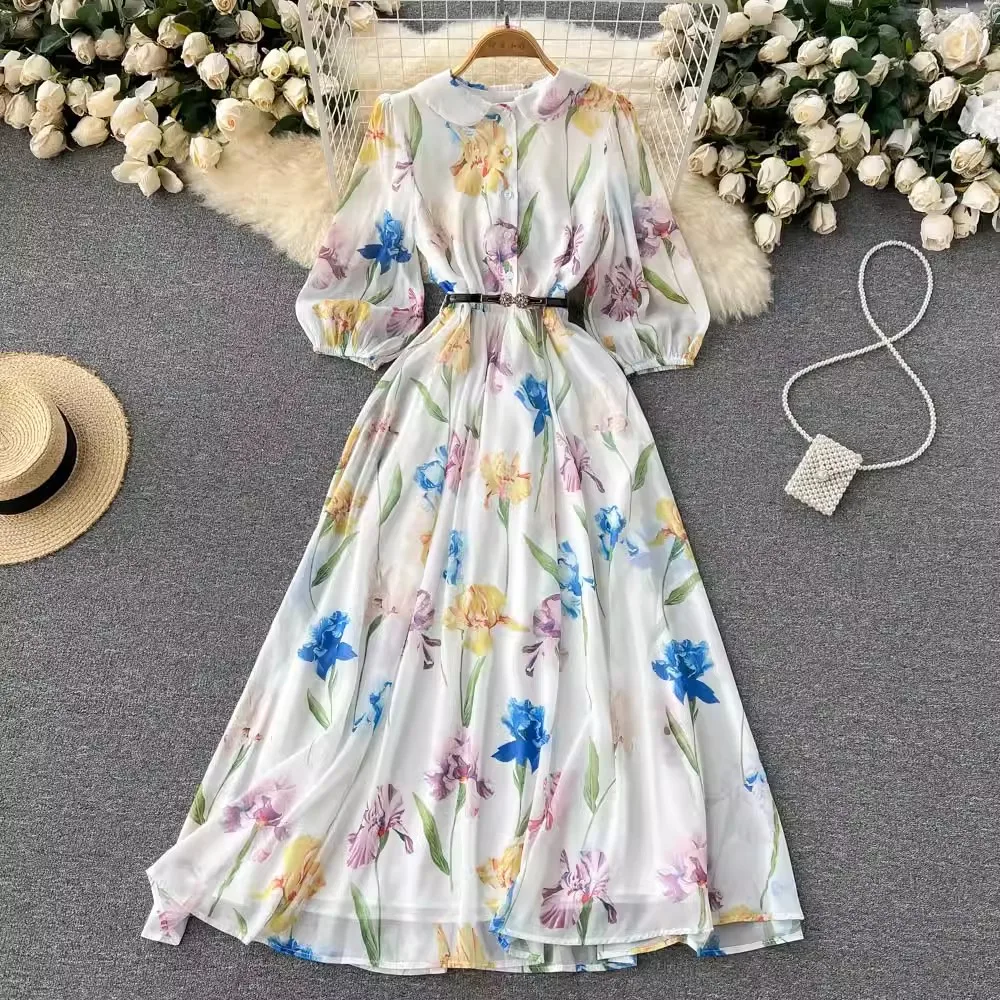 

Women's Spring Summer Vintage Print Chiffon Dress Female High Waist Chic Party A-line Vacation Dress TB1372
