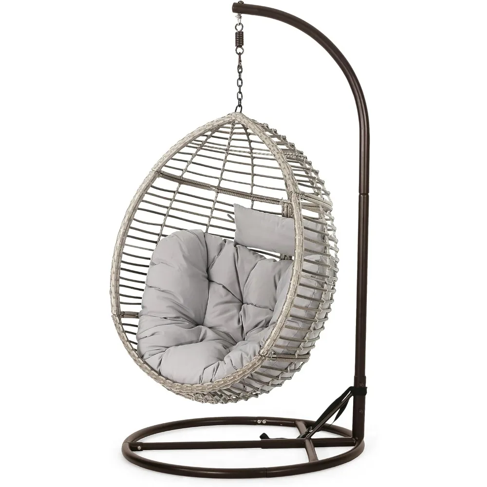 

Outdoor Wicker Hanging Basket Chair With Water Resistant Cushions and Iron Base Porch Swing Set Grey / Black Freight Free