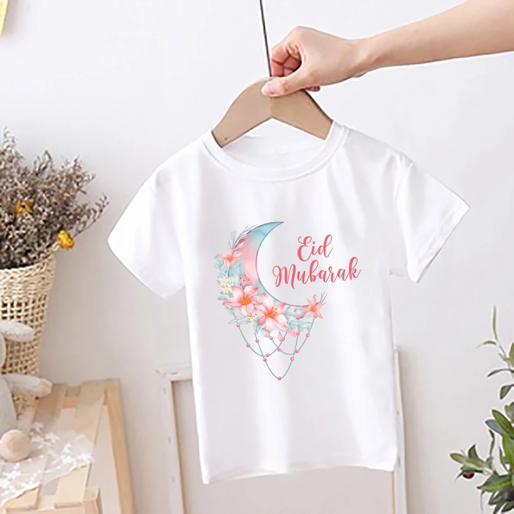 Eid Mubarak Moon Flower Printed Kids Shirts Islamic Muslim Holiday Boys Girls Short Sleeve Outfit Child Eid Ramadan T-shirt Tops 4