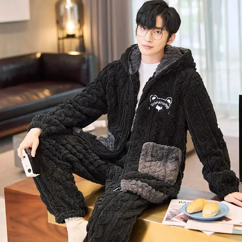 

Pajamas Casual Thickened With Clothes Set Loose Winter Pocket Sleepwear Pijamas Flannel Suits Coral Trouser Men Fleece Home