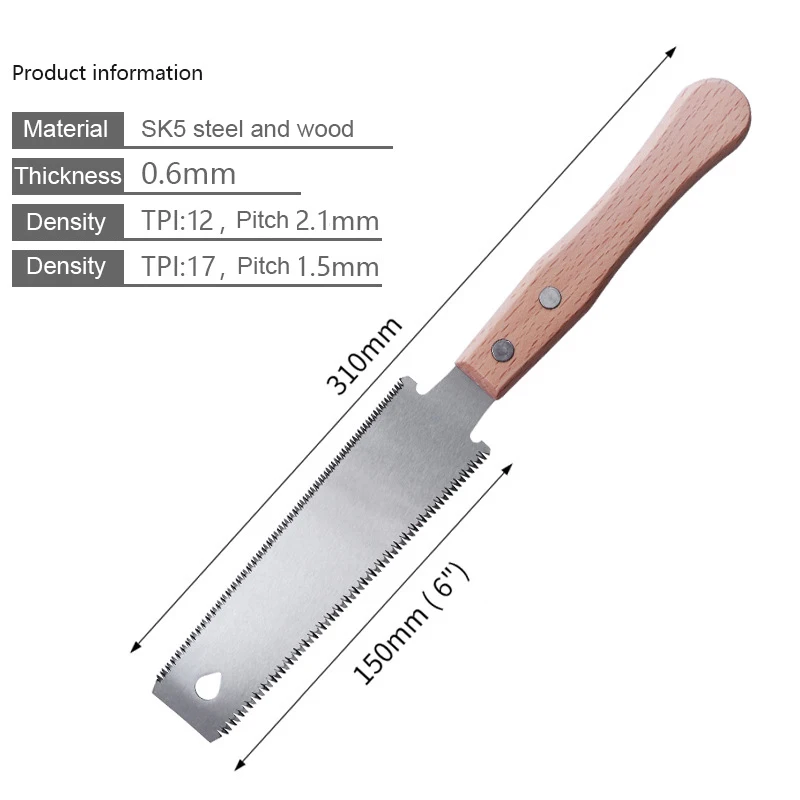 Japanese Hand Saw 6 Inch Double Edge Sided Pull Saw SK5 Flexible Blade 14/17 TPI Flush Cut Beech Handle Wood for Woodworking